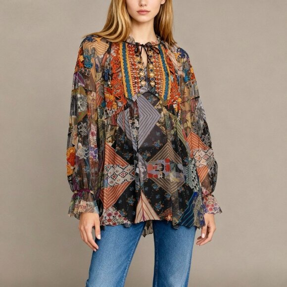 $328 NWOT Johnny Was Mazzy Poet Mesh Floral Embroidered Blouse Top Size S